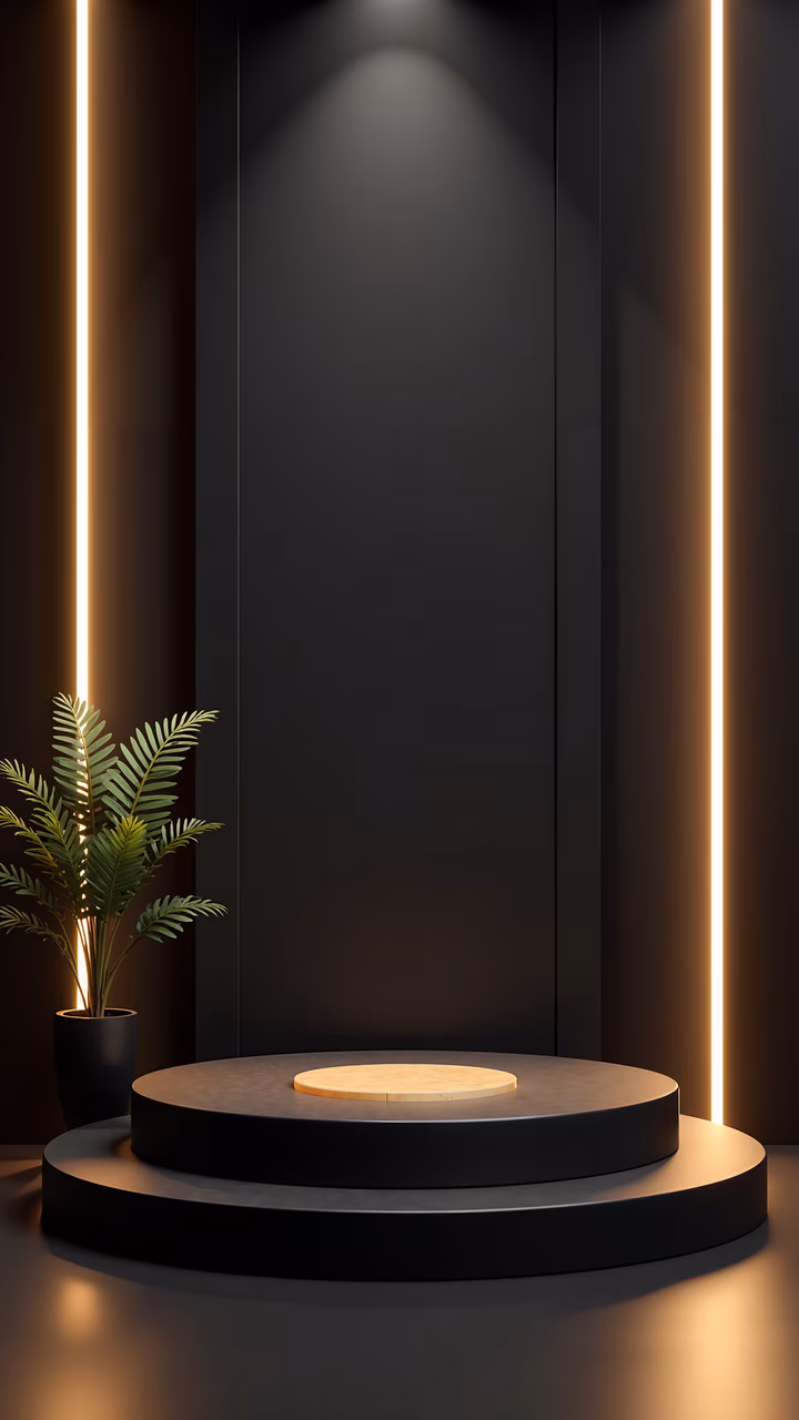 Minimalist podium with warm lighting and a palm tree, perfect for interior design inspiration.