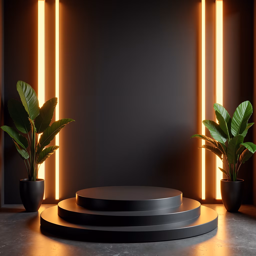 Minimalist podium with plants and neon lights, modern design, warm tones, dark background, sophisticated ambiance
