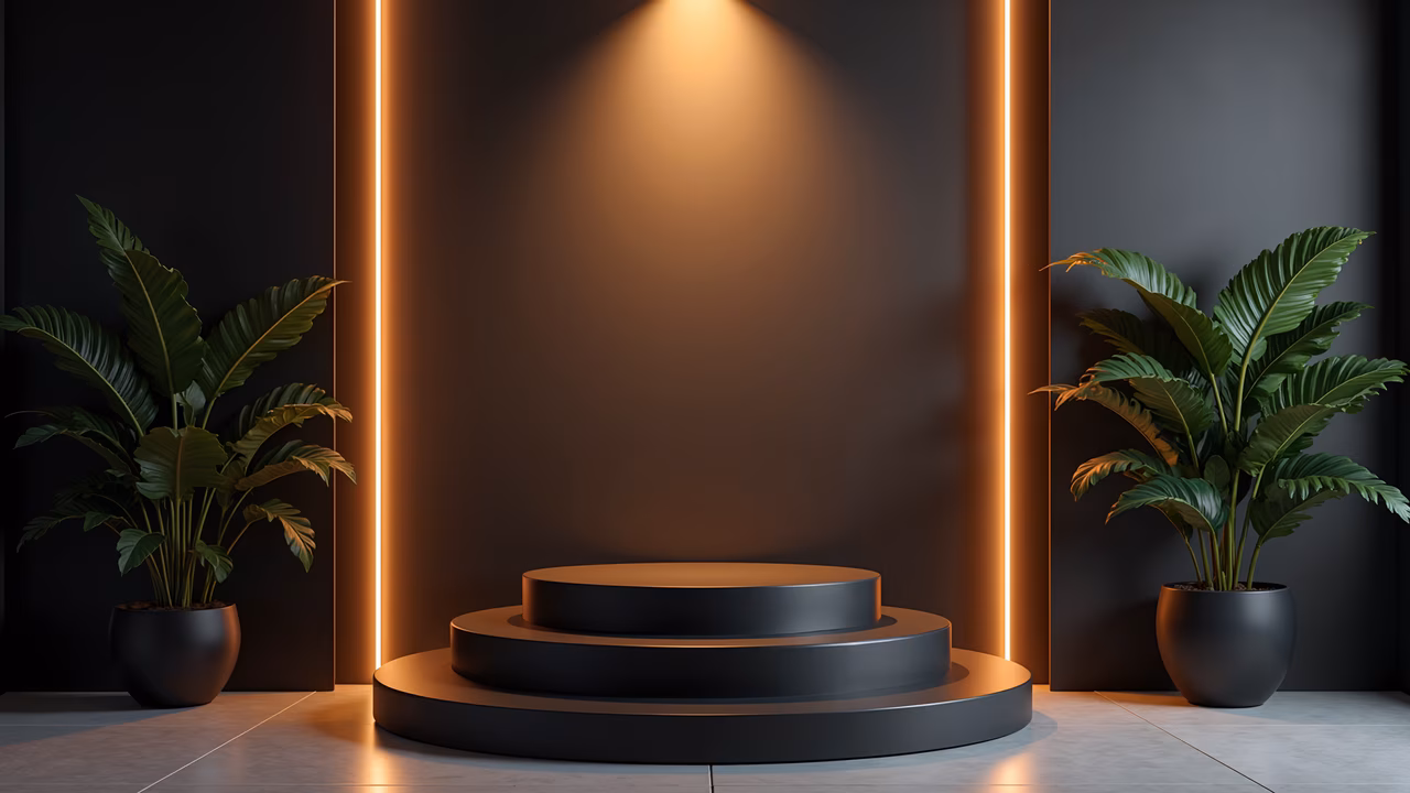 Modern podium with plants and orange lighting, interior design illustration