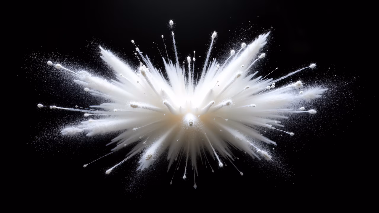 Dynamic white powder explosion against a black background, creating a burst of energy and movement.