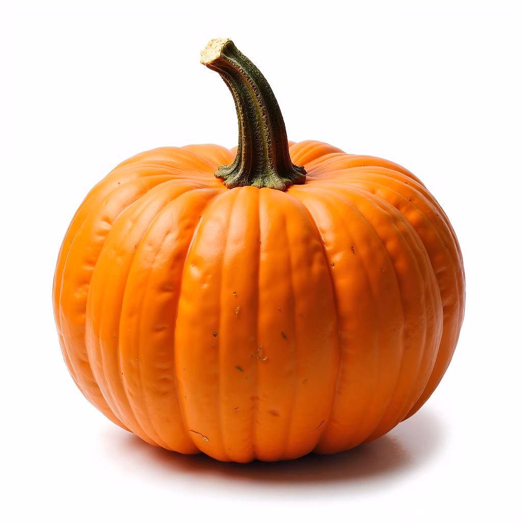 Vibrant orange pumpkin illustration with detailed ridges and green stem on white background
