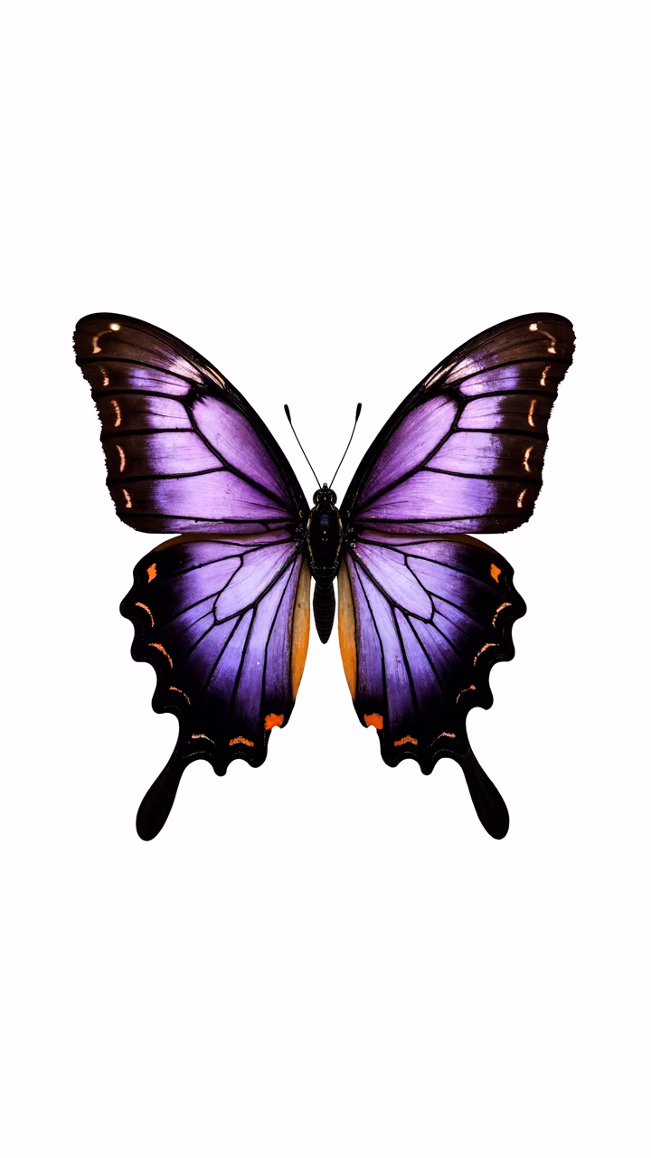 Vibrant purple butterfly with intricate wing patterns on a white background.