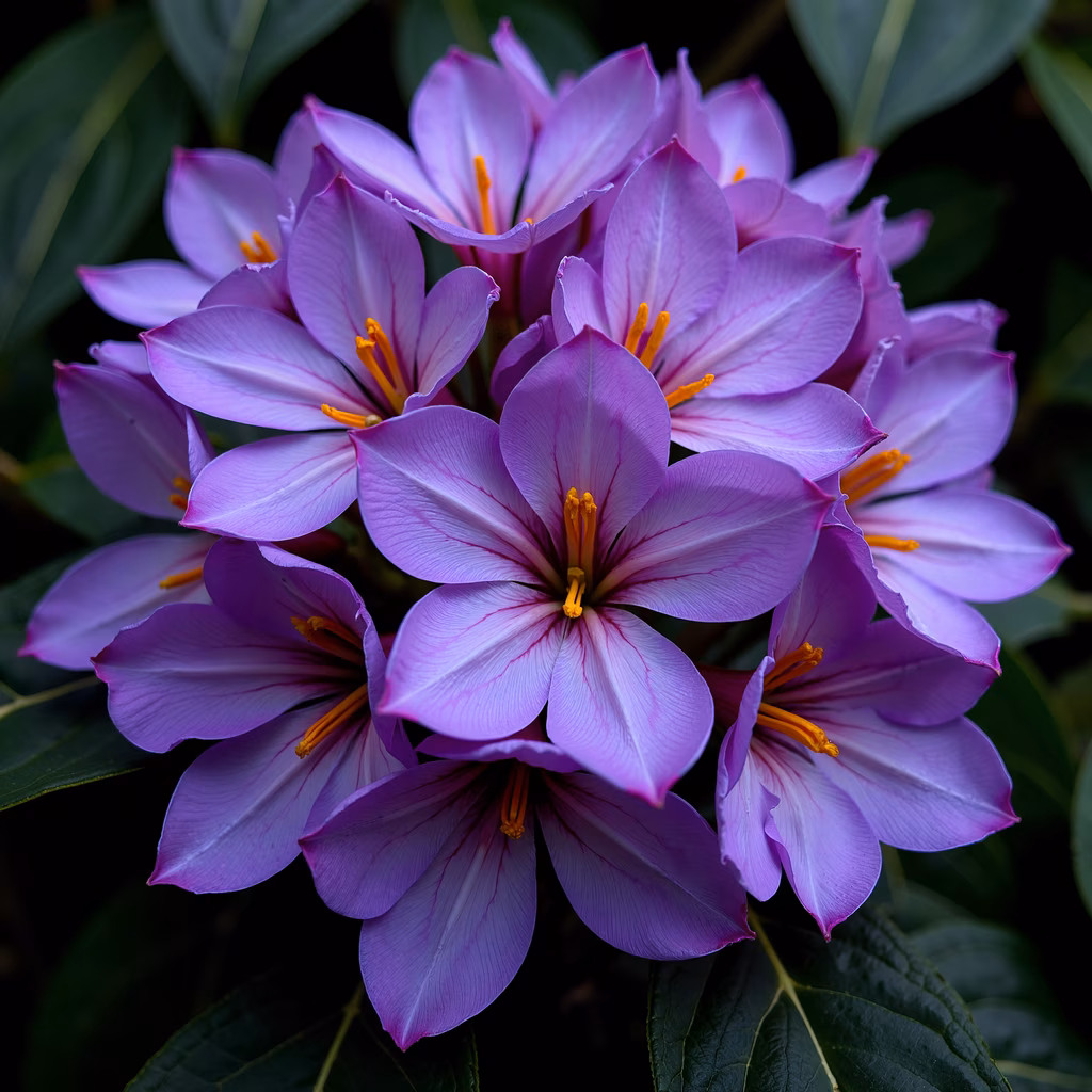 Vibrant purple flowers with delicate petals and bright yellow stamens against a dark background.