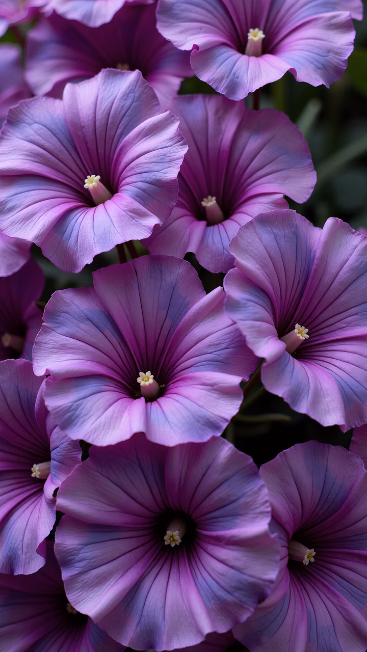 Vibrant purple petunias with intricate details and soft gradients create a serene and elegant atmosphere.