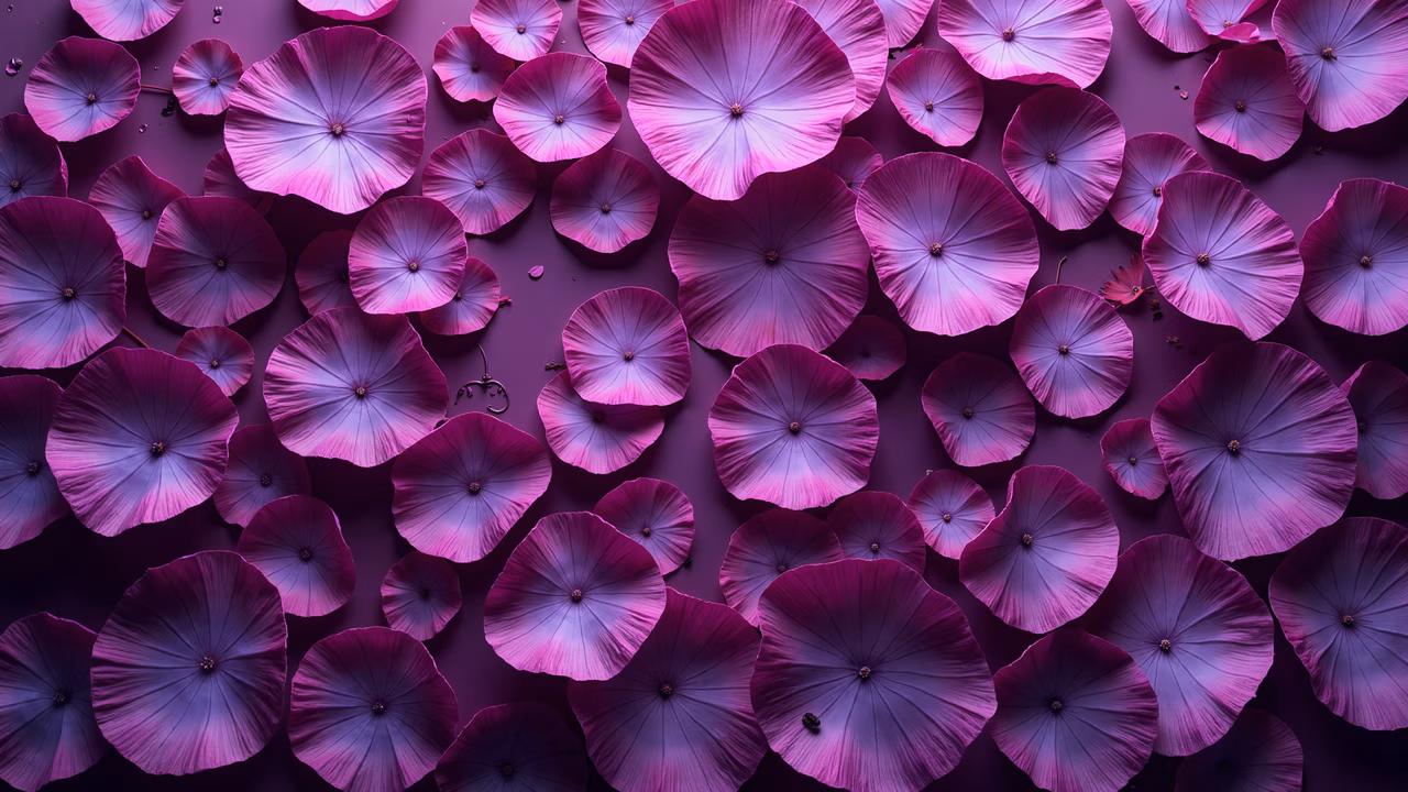Vibrant purple umbrellas scattered on a dark background, creating a dynamic and energetic abstract composition.