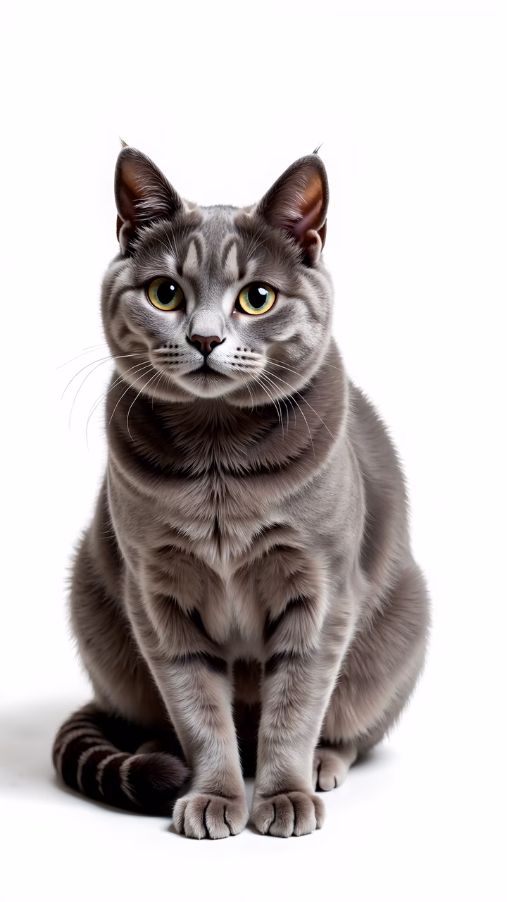 Realistic cat portrait with detailed fur and green eyes on a white background.