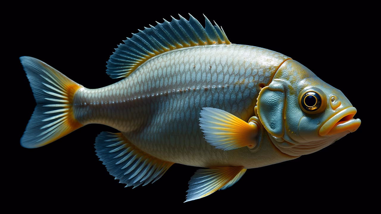 Detailed realistic fish illustration with intricate scales and vibrant colors on a black background.