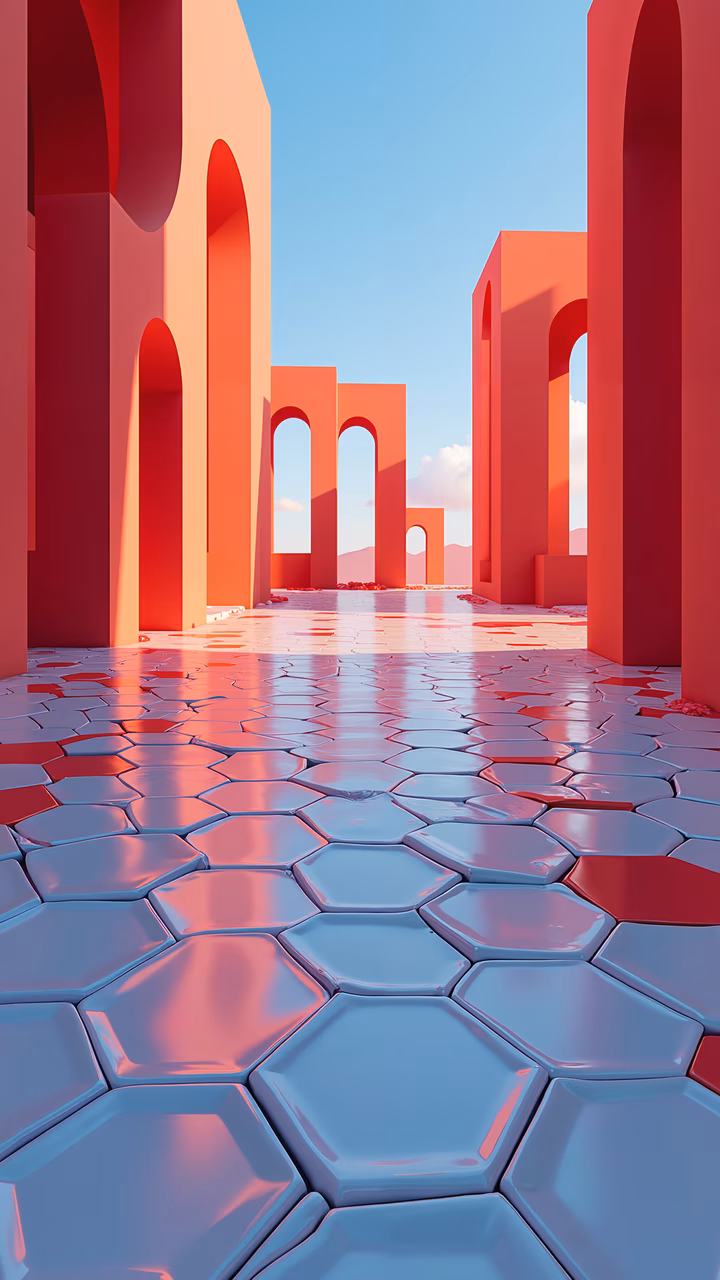 Contrasting red and blue hexagonal tiles create a modern and artistic geometric scene.