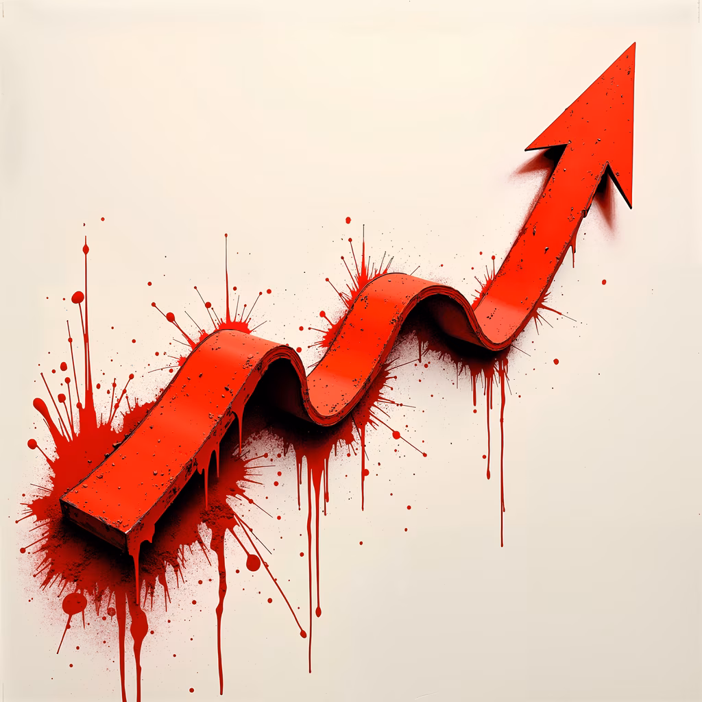 Bold red arrow symbolizing financial growth and progress, set against a stark white background with splatters of red paint for added dynamism.