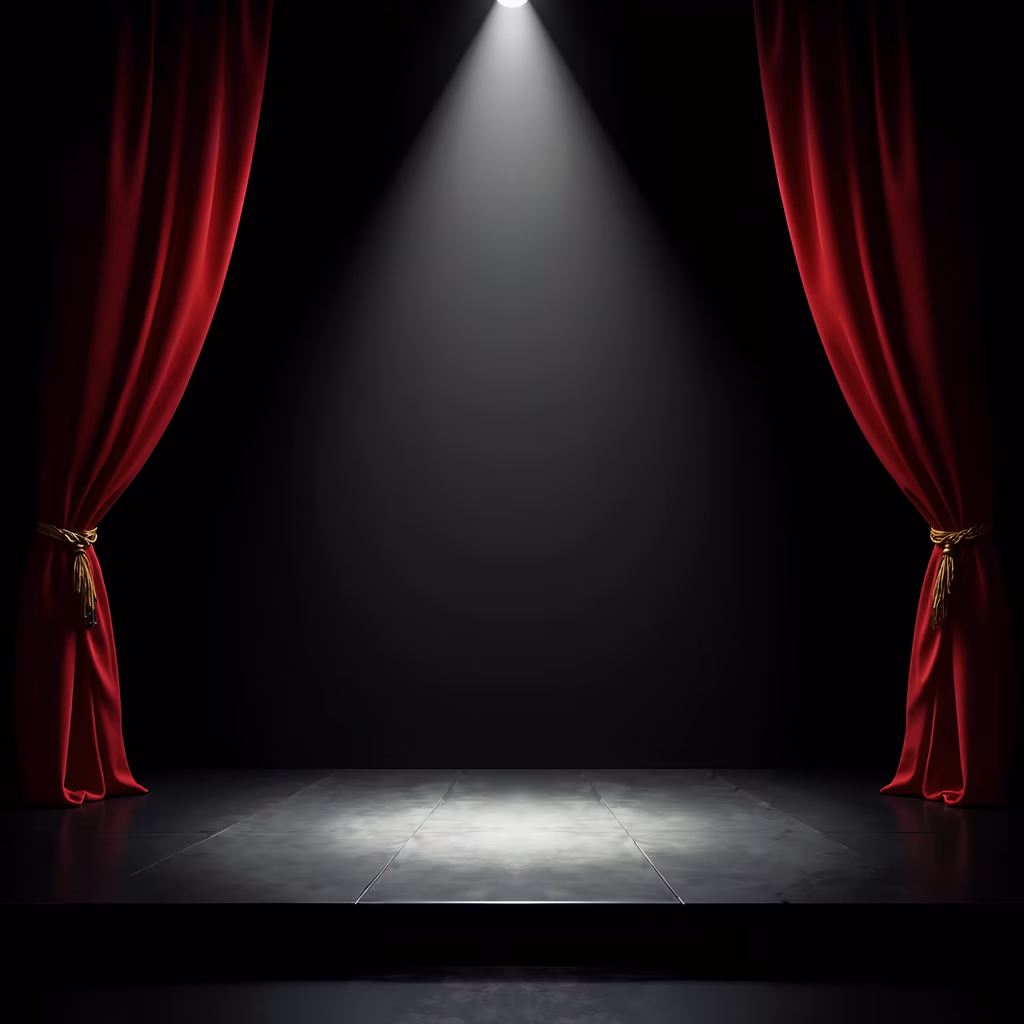 Luxurious red curtains with golden tassels frame a stage illuminated by a dramatic spotlight against a dark background.