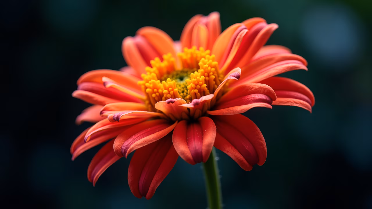 Close-up of a red daisy with detailed petals and yellow center on a dark green background.