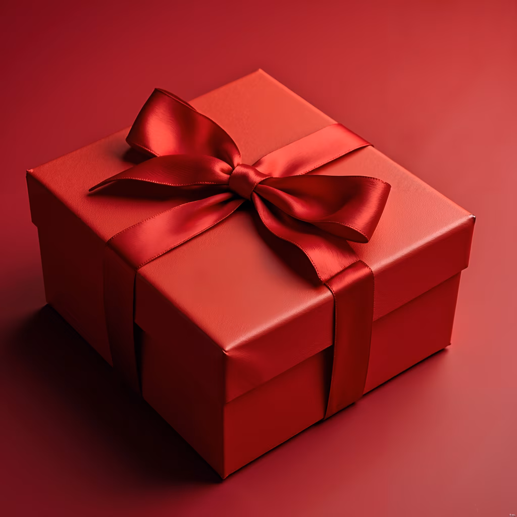 A stunningly wrapped red gift box with a large bow, perfect for festive occasions.