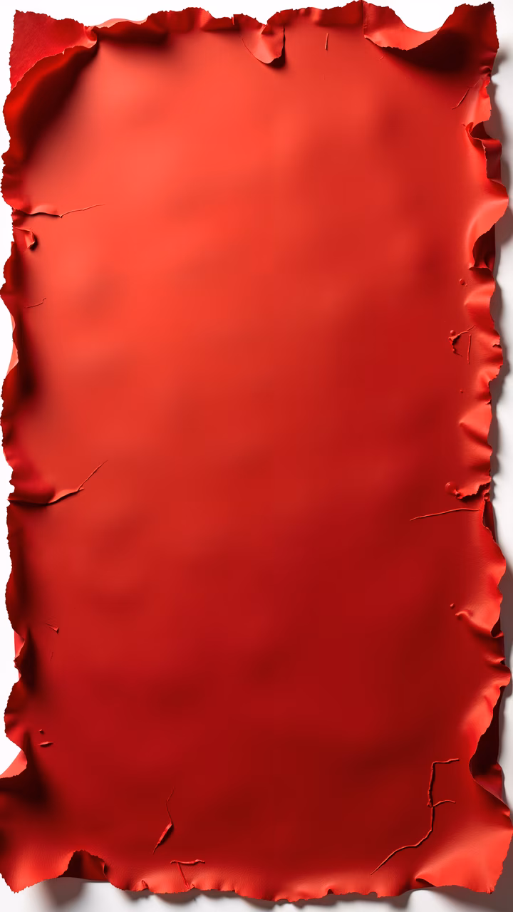 A piece of red paper with jagged edges on a white background, emphasizing bold colors and textures.