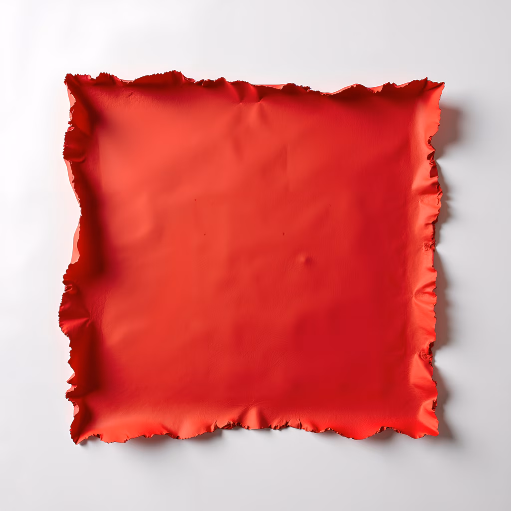 Vibrant red pillow with frayed edges on a white background