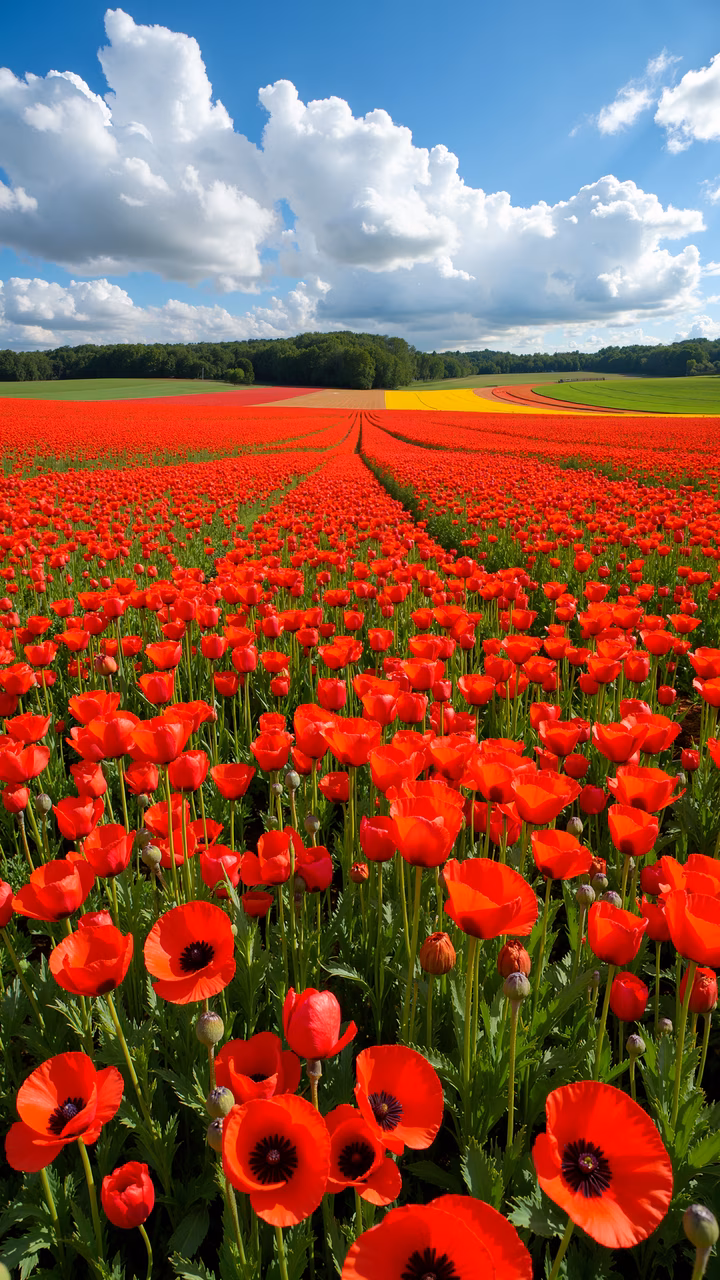 Vibrant red poppies under a bright blue sky, tranquil landscape, natural beauty