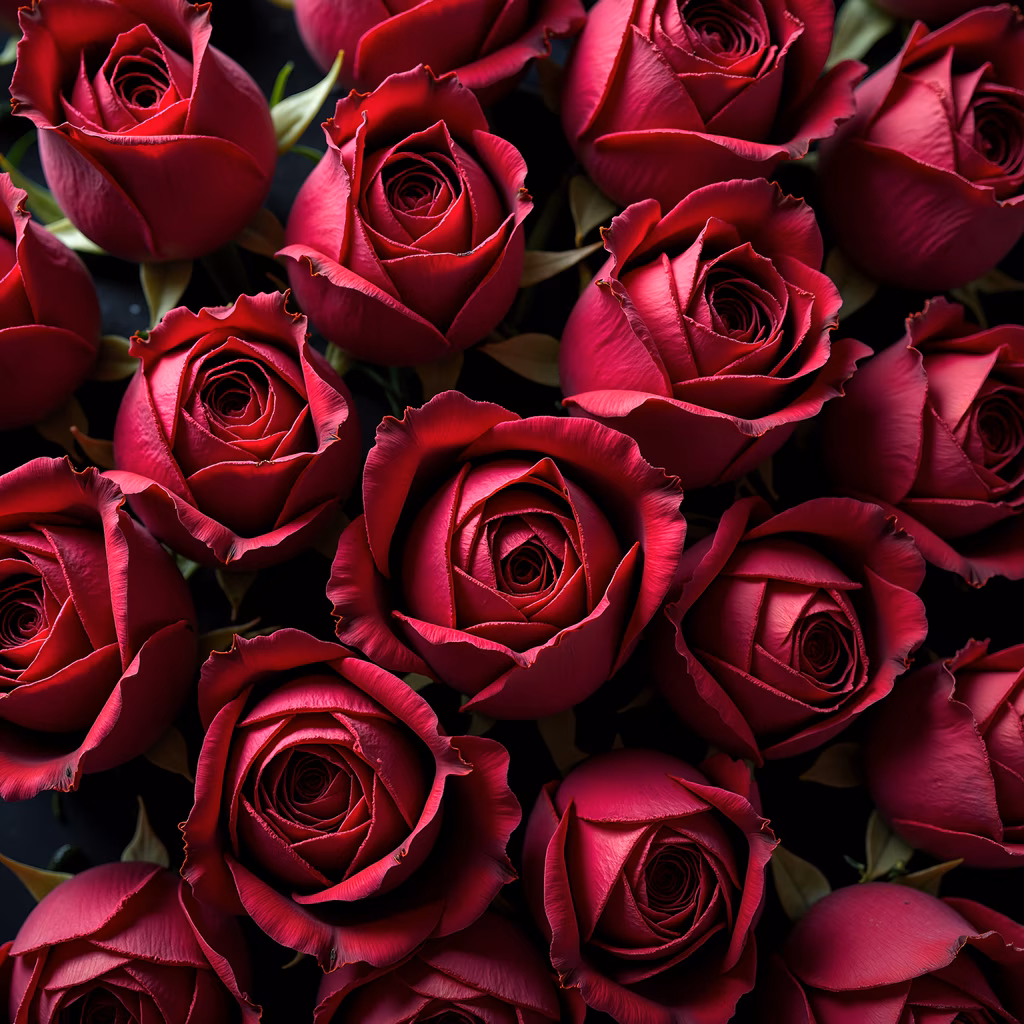 A stunning collection of red roses with detailed petals and a rich color palette, captured in a realistic photograph.