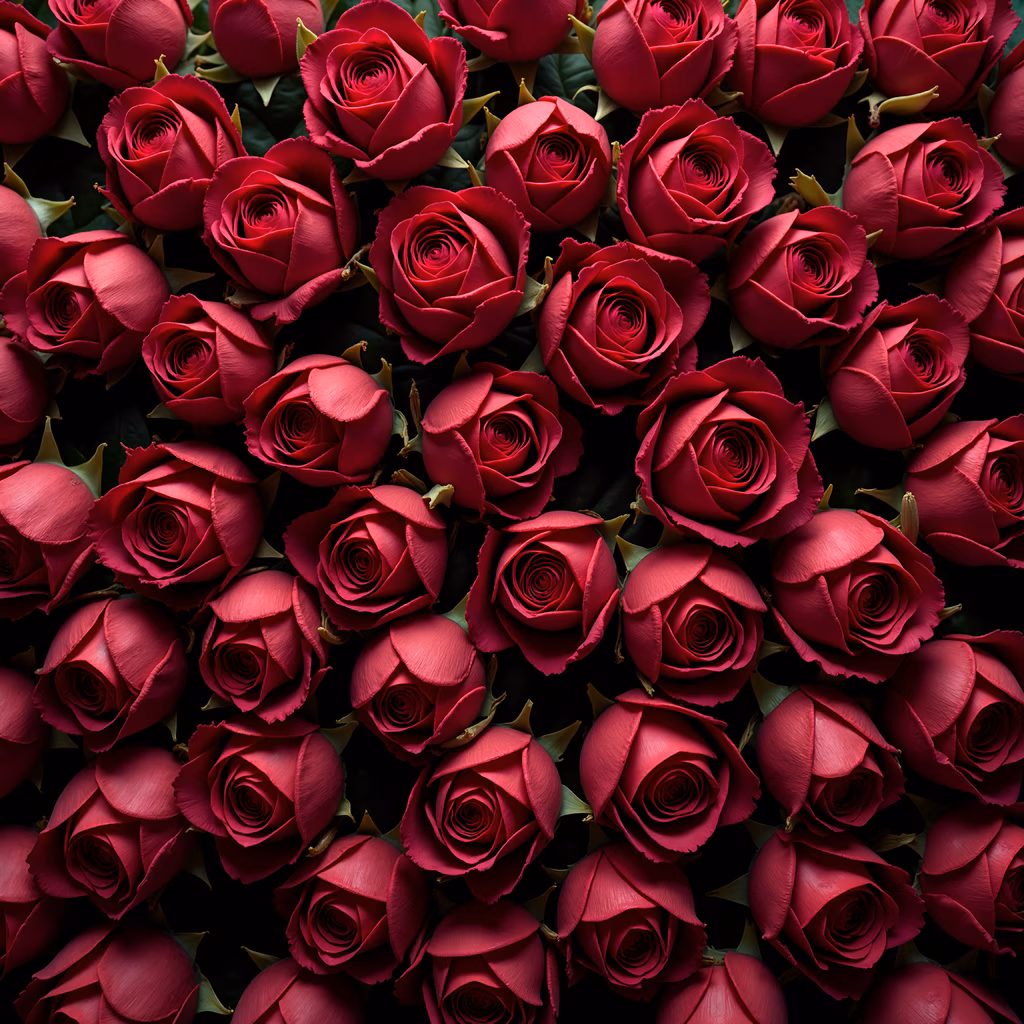 A close-up of red roses with intricate petal details against a dark background.