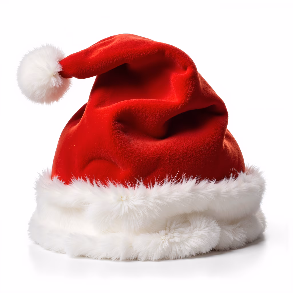 Festive red Santa hat with white fur trim, perfect for Christmas celebrations.