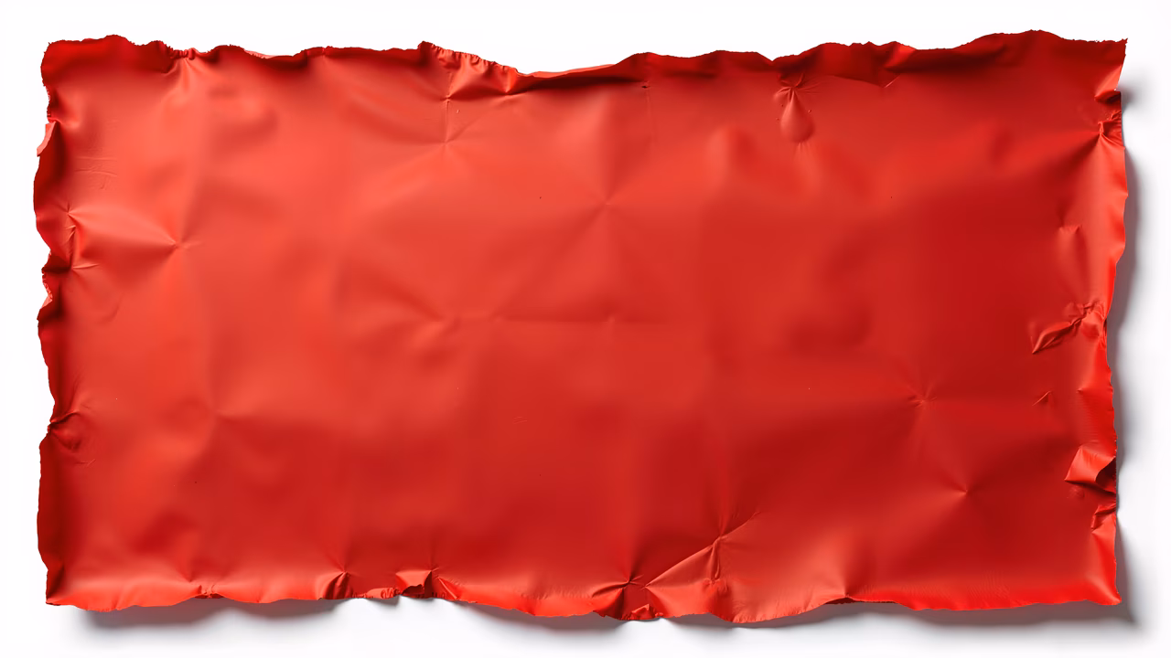 A piece of red silk fabric with a glossy texture and crumpled edges, set against a white background.