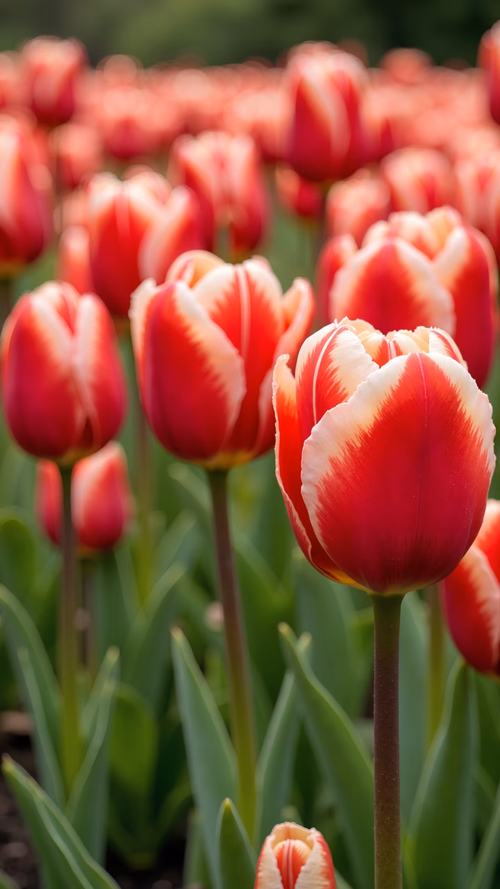 Close-up of red tulips with white streaks, vibrant colors, detailed texture, blurred green background.
