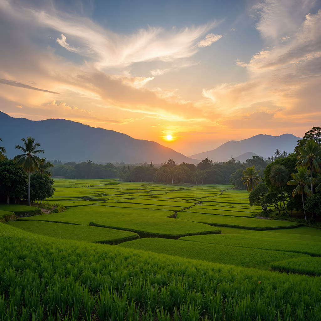 Vibrant rice fields at sunset, serene landscape photography