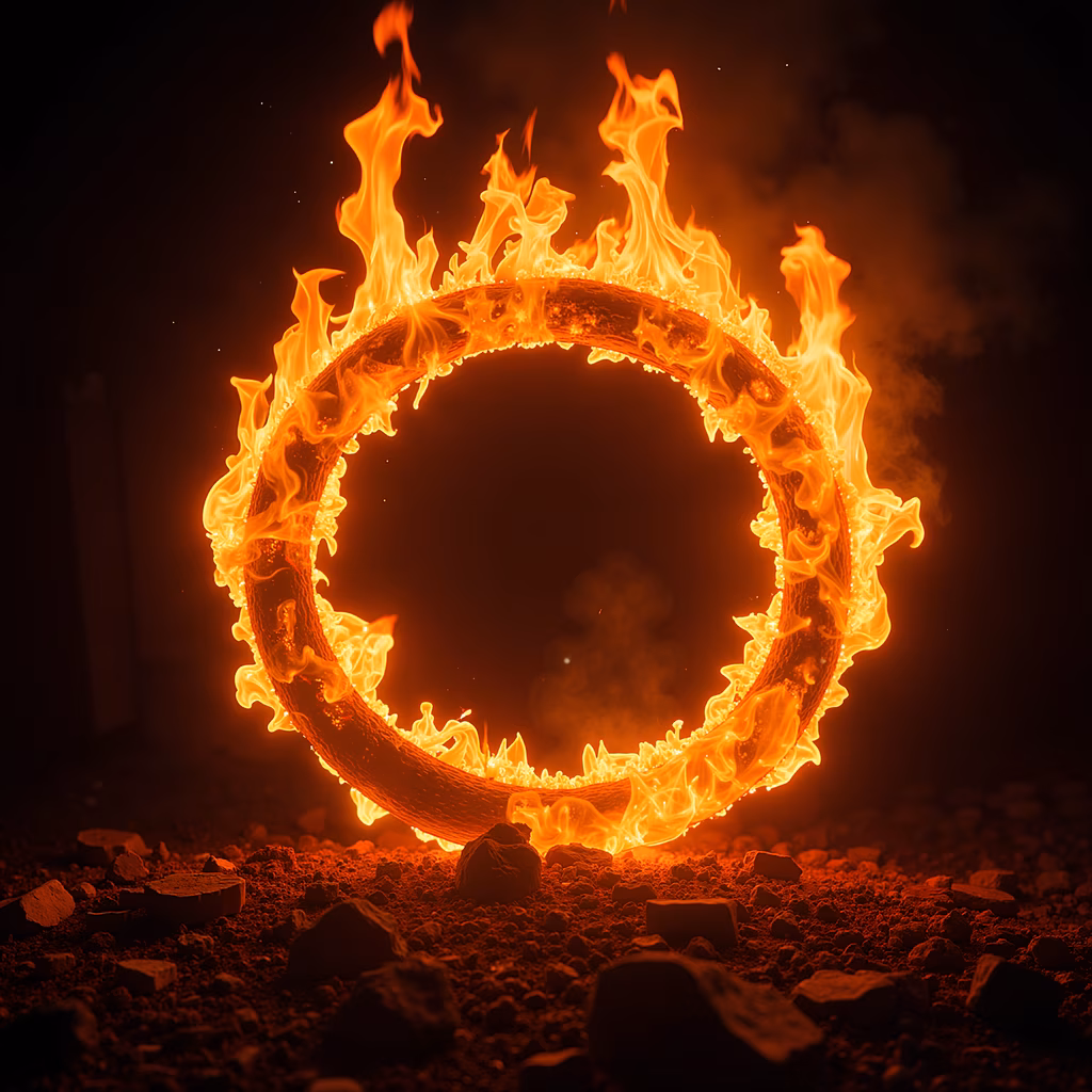 A fiery ring made from a twisted branch, surrounded by swirling flames against a dark background.
