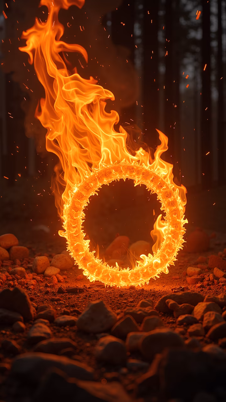 A fiery ring in a dark forest, glowing with embers and sparks.