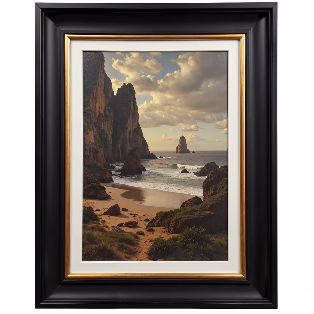 A stunning sunset over a rocky coastline, featuring towering cliffs and a sandy beach.