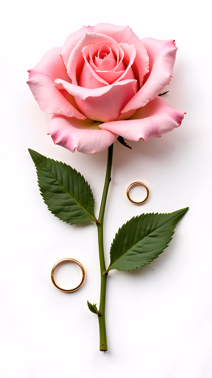 Delicate pink rose with two golden wedding rings, romantic and elegant atmosphere