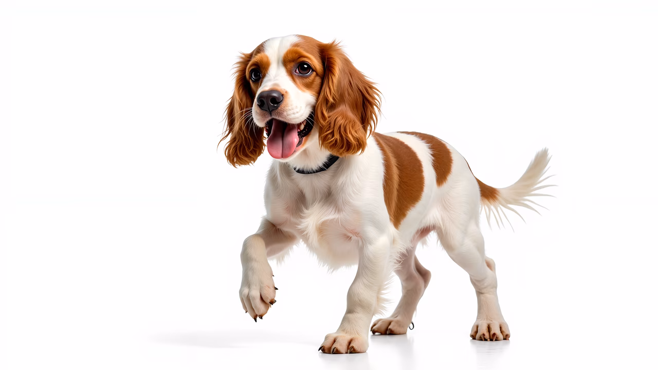 Cavalier King Charles Spaniel running energetically in a studio setting.