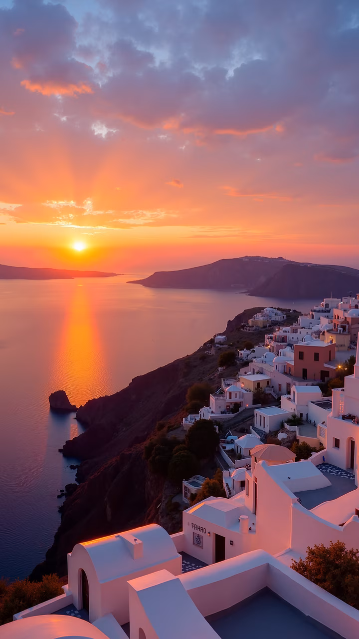 Breathtaking sunset over Santorini with whitewashed buildings and deep blue sea, evoking tranquility and natural beauty.