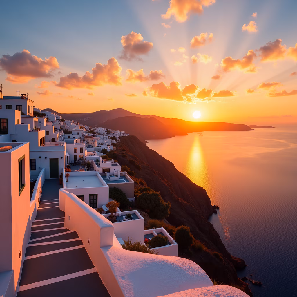 A stunning sunset over Santorini with white Cycladic houses and calm waters.