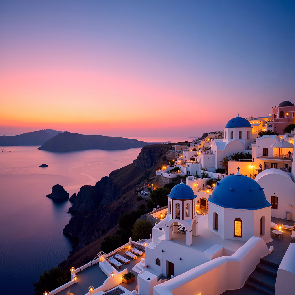 Santorini Sunset Illustration: Vibrant Sky, Iconic Architecture, Serene Atmosphere