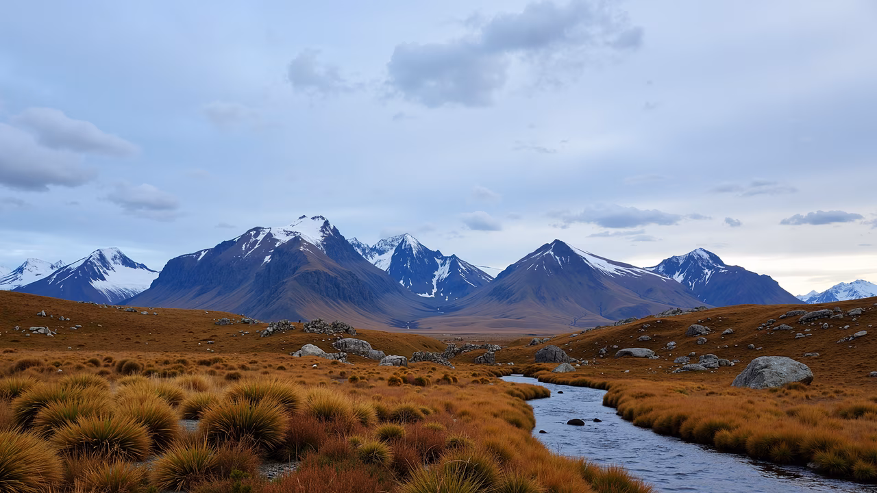 Snow-capped mountains and golden plains create a serene and majestic landscape under soft natural light.
