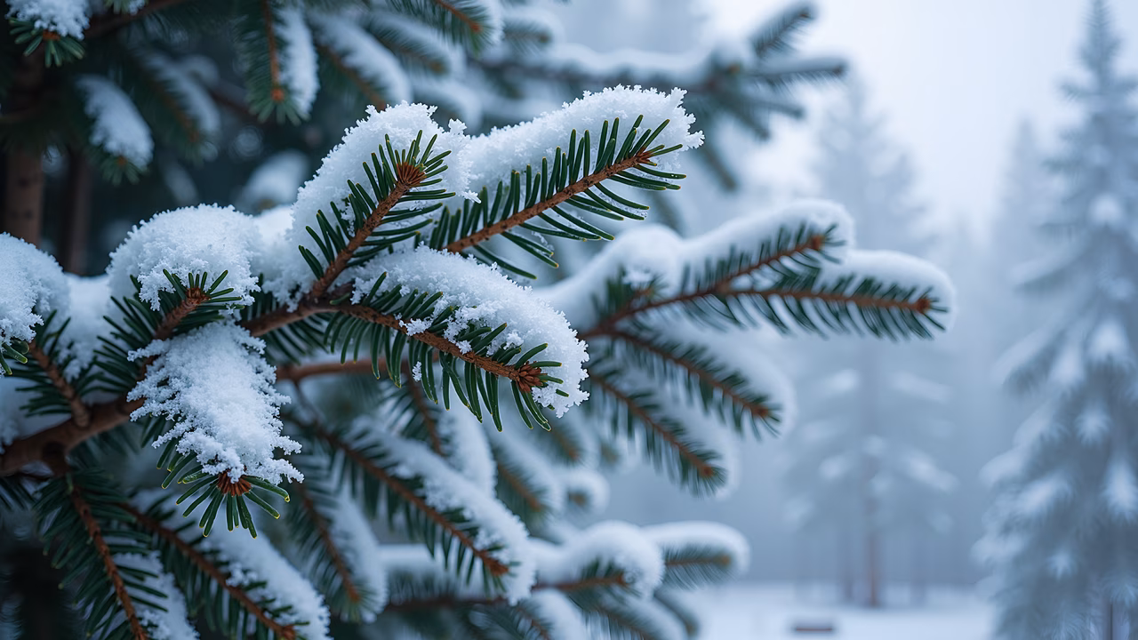 Close-up of snow-covered pine branches, serene winter scene, cool blue tones, natural beauty