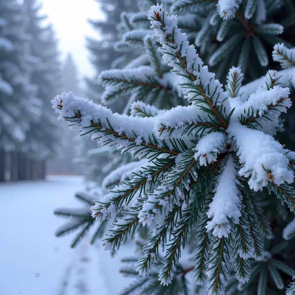 Close-up of snow-covered pine branch, serene winter scene