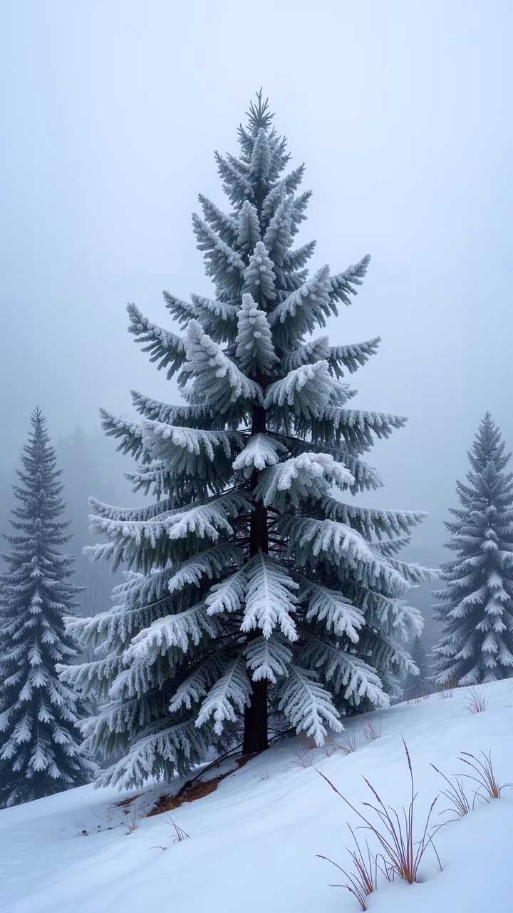 Snow-Covered Pine Tree in a Foggy Winter Landscape