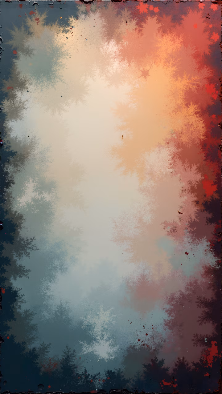 Vibrant snowflake patterns in shades of blue and red create an abstract winter scene with a gradient background.