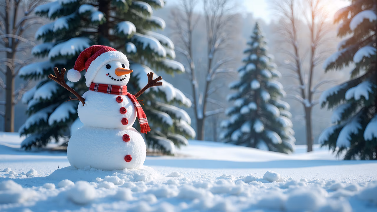 A snowman in a winter wonderland, dressed for the season, surrounded by snow-covered trees and a sunny sky.