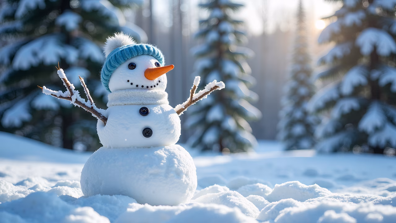 A happy snowman in a winter wonderland, bright and sunny, with soft shadows and rustic charm.