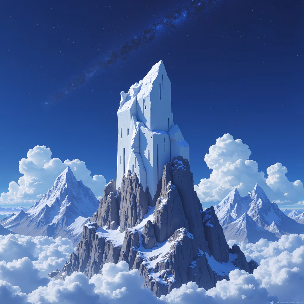 A snow-covered castle in a fantastical landscape, surrounded by clouds and under a starlit sky.