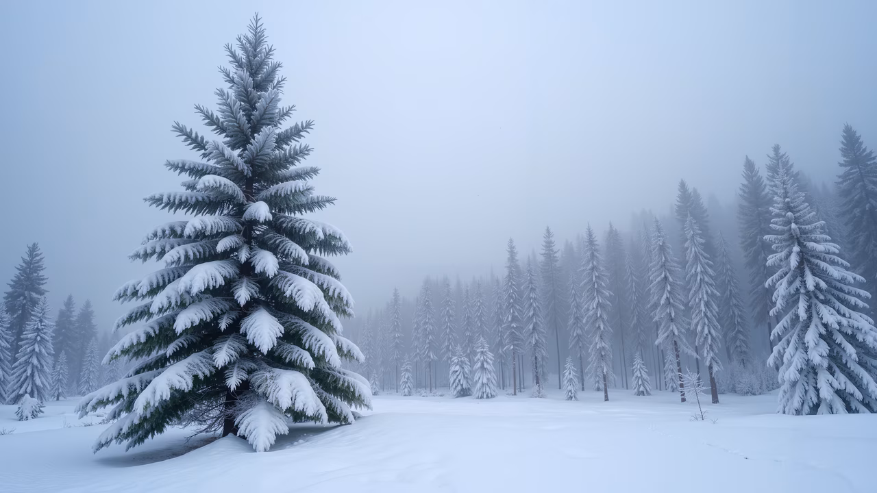 A peaceful winter landscape with snow-covered pine trees in a foggy forest.