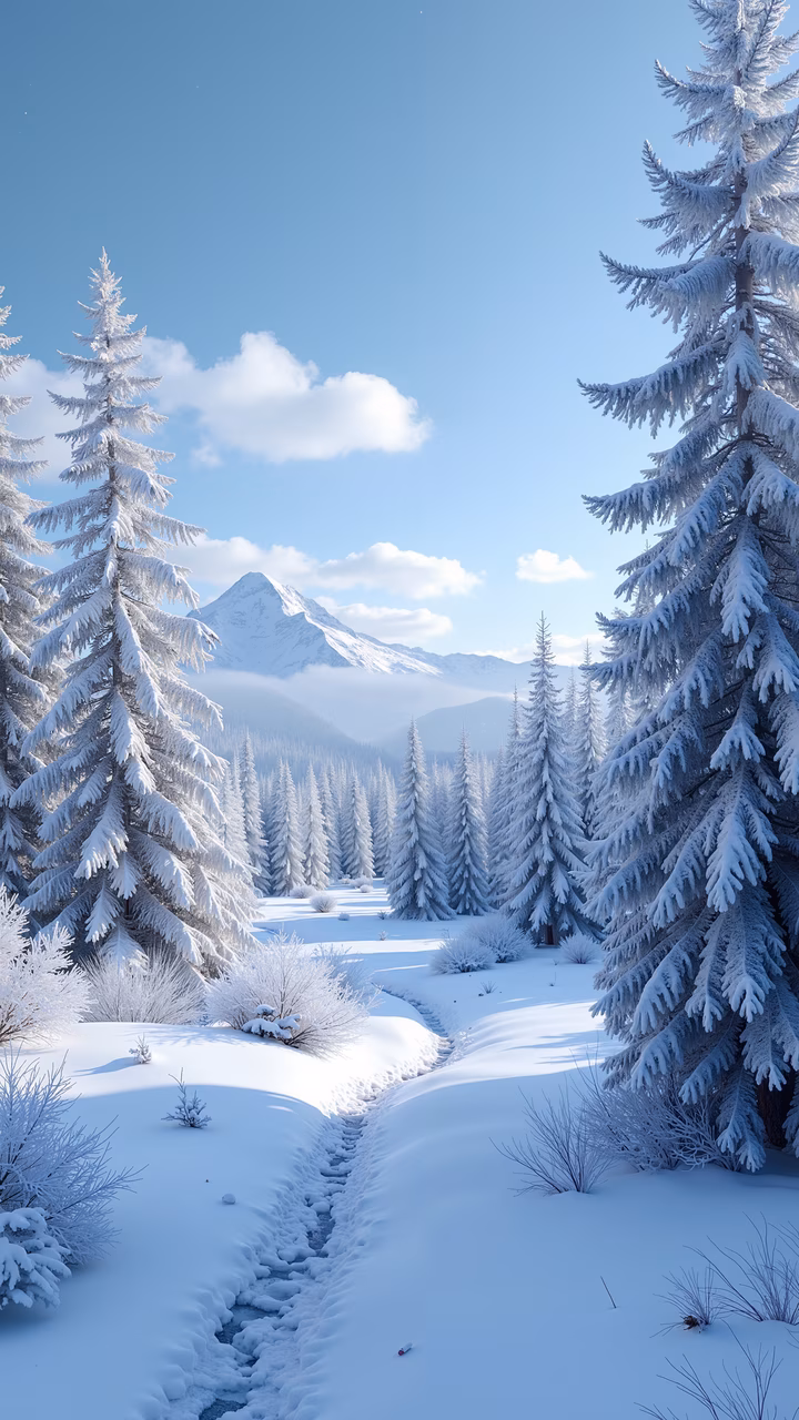 A tranquil snow-covered forest path with dense pines and majestic mountains under a clear blue sky.