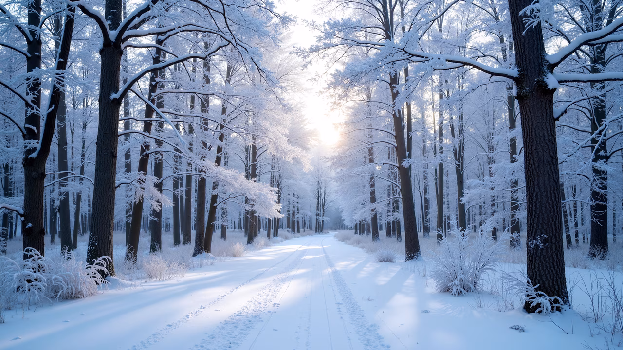 A tranquil winter landscape with a snow-covered forest path and tall trees, bathed in soft sunlight.