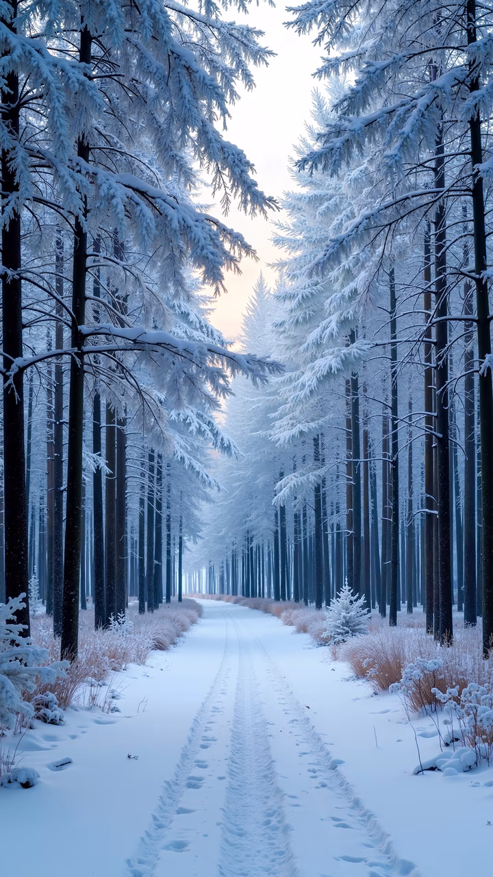 A tranquil winter landscape with a snow-covered forest path and frost-laden trees.