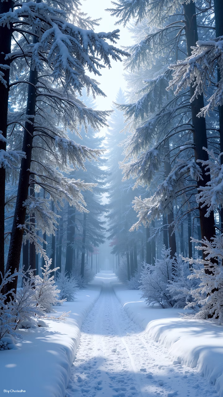 A peaceful winter landscape with a snow-covered forest path and frost-laden trees, illuminated by soft sunlight.