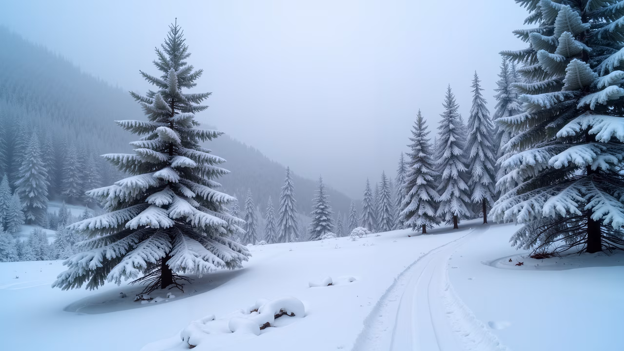 Snowy evergreen trees and a winding path in a serene winter landscape.