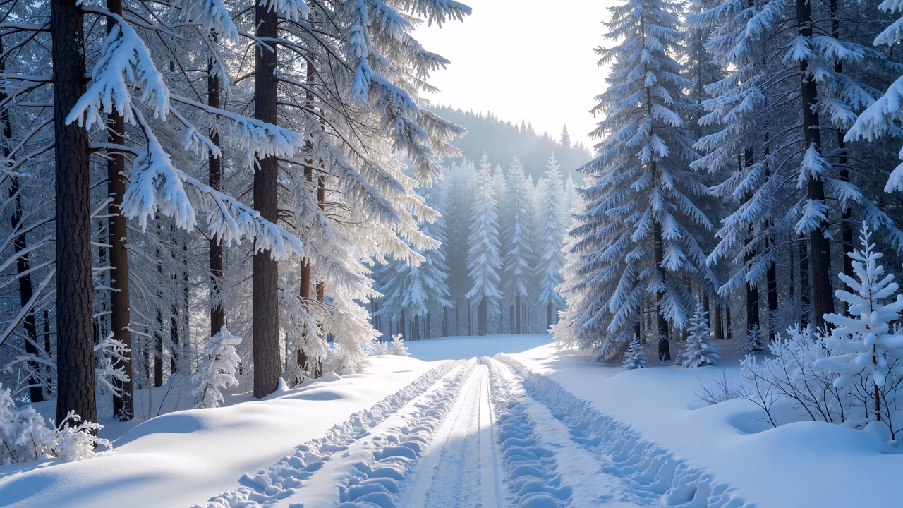 A tranquil winter landscape with a snow-covered forest path and frost-laden trees, marked by tire tracks and bathed in soft sunlight.