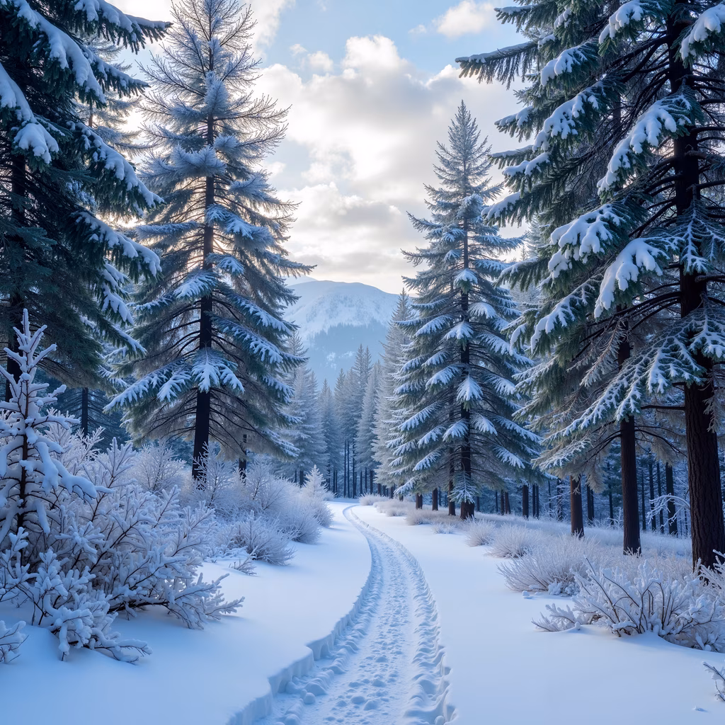 A peaceful winter landscape with a snow-covered forest path and tall pine trees.
