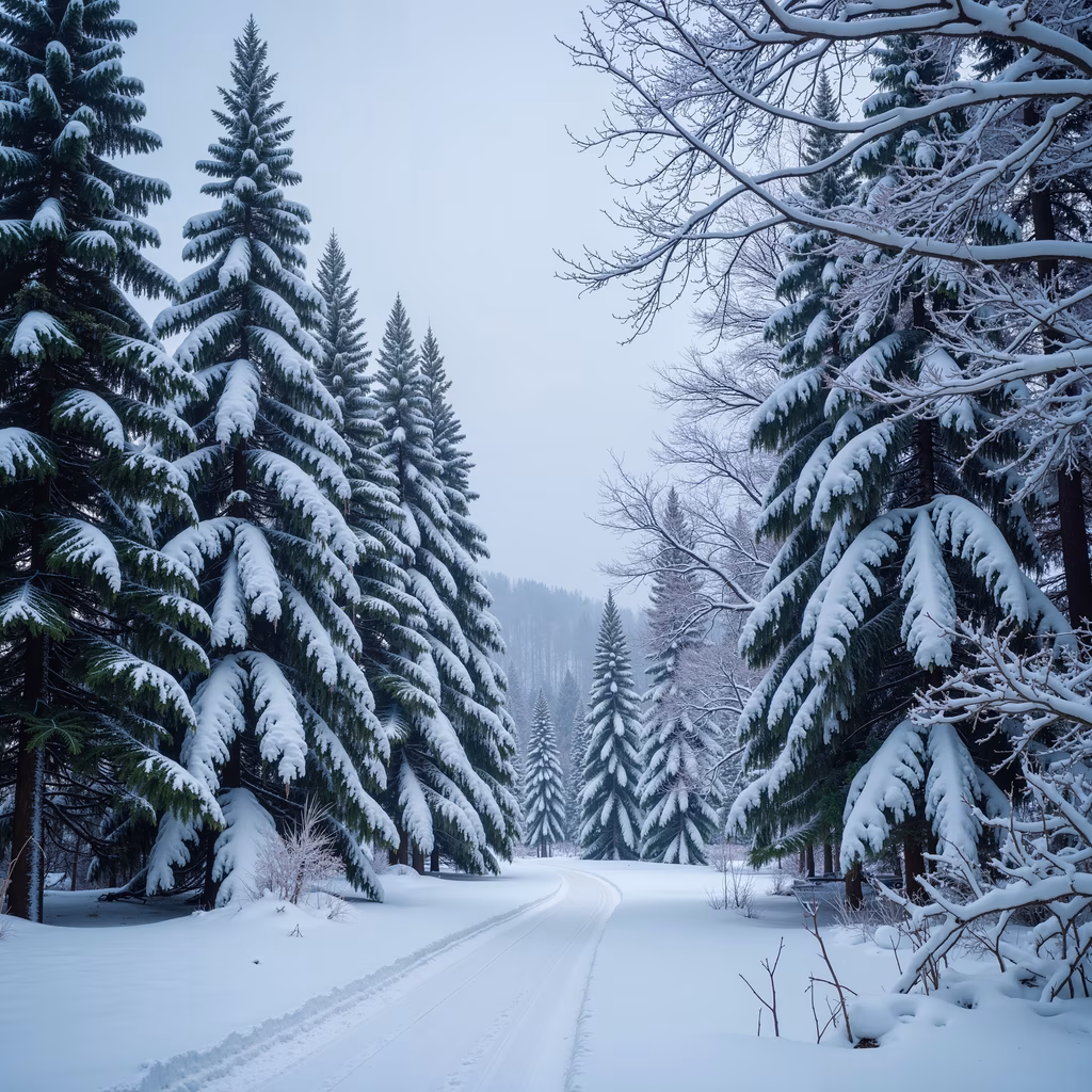 A tranquil winter landscape with snow-covered trees and a winding path.